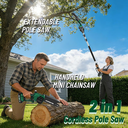 2-in-1 Pole Saws for Tree Trimming, Mini Chainsaw Cordless 6 Inch with 15 FT Max Reach, Electric Pole Saw with 2*21V Batterys, Auto-Oil Brushless Branch Cutter for Tree Trimmer Pole Saw Blue