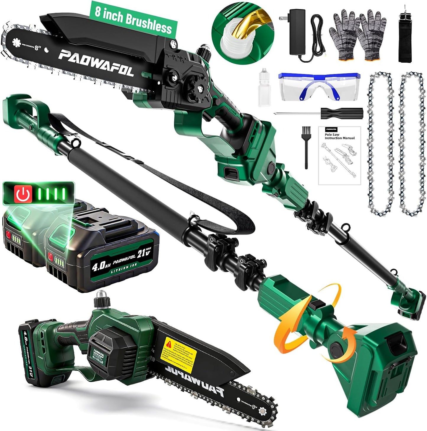 2-in-1 Pole Saws for Tree Trimming, Mini Chainsaw Cordless 6 Inch with 15 FT Max Reach, Electric Pole Saw with 2*21V Batterys, Auto-Oil Brushless Branch Cutter for Tree Trimmer Pole Saw Blue