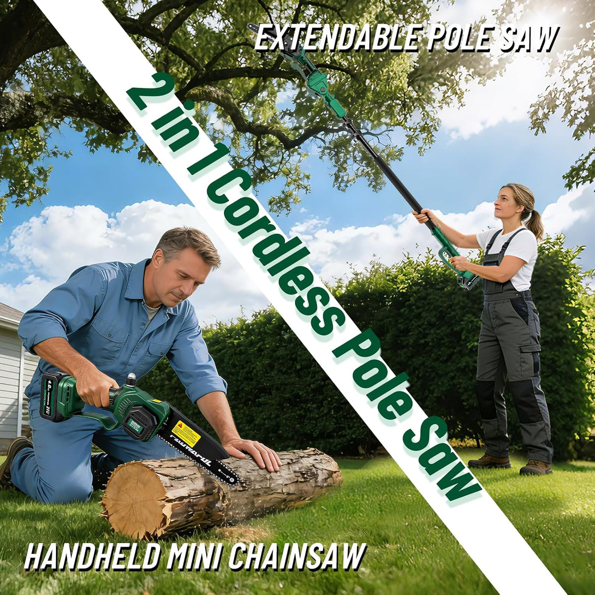 2-in-1 Pole Saws for Tree Trimming, Mini Chainsaw Cordless 6 Inch with 15 FT Max Reach, Electric Pole Saw with 2*21V Batterys, Auto-Oil Brushless Branch Cutter for Tree Trimmer Pole Saw Blue