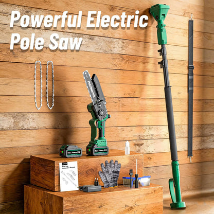 2-in-1 Pole Saws for Tree Trimming, Mini Chainsaw Cordless 6 Inch with 15 FT Max Reach, Electric Pole Saw with 2*21V Batterys, Auto-Oil Brushless Branch Cutter for Tree Trimmer Pole Saw Blue