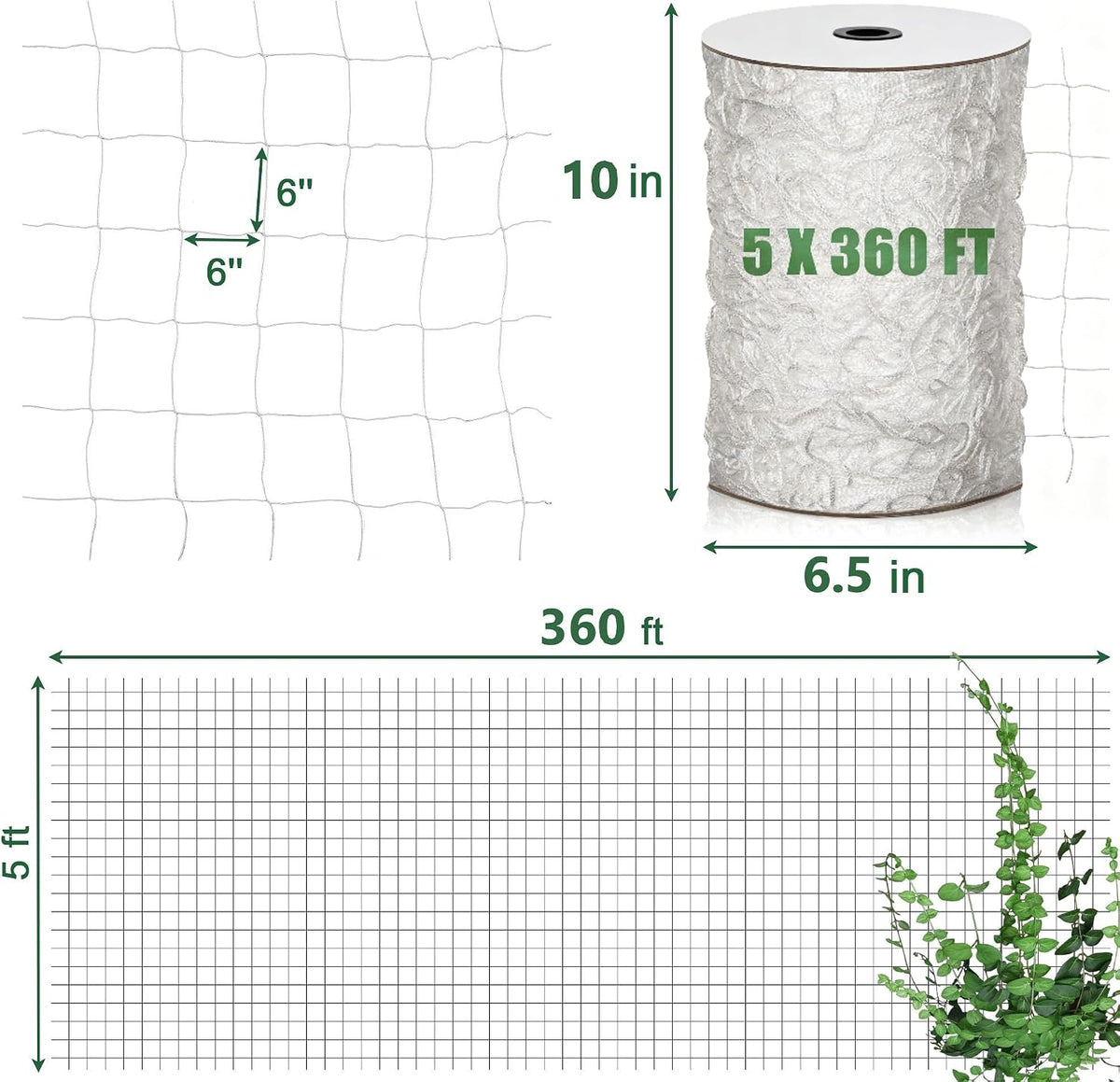 Nylon Trellis Netting Roll 5 x 200 ft, Heavy Duty Garden Netting with 6 Inch Soft Mesh, Plant Support Mesh for Climbing Plants, Vegetables, Fruits, Cucumbers, Peas, Tomatoes