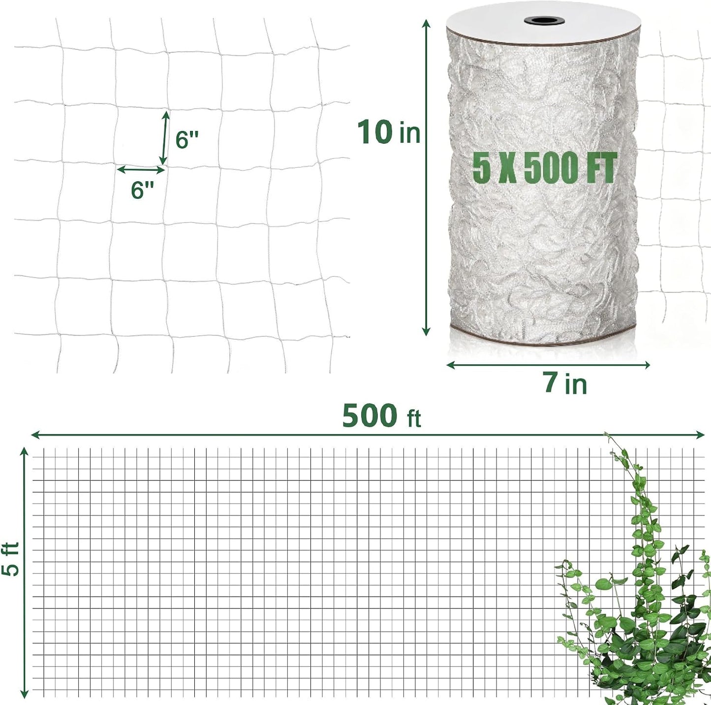Nylon Trellis Netting Roll 5 x 200 ft, Heavy Duty Garden Netting with 6 Inch Soft Mesh, Plant Support Mesh for Climbing Plants, Vegetables, Fruits, Cucumbers, Peas, Tomatoes