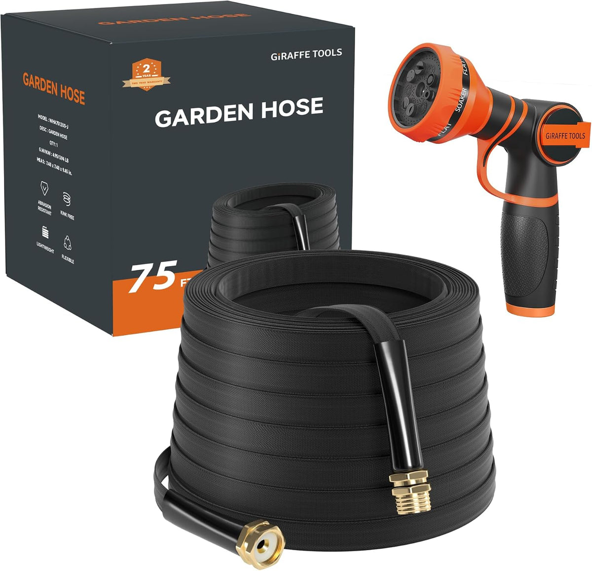 Lay Flat Hose 75ft Lightweight 50% Lighter, 9-Pattern Nozzle