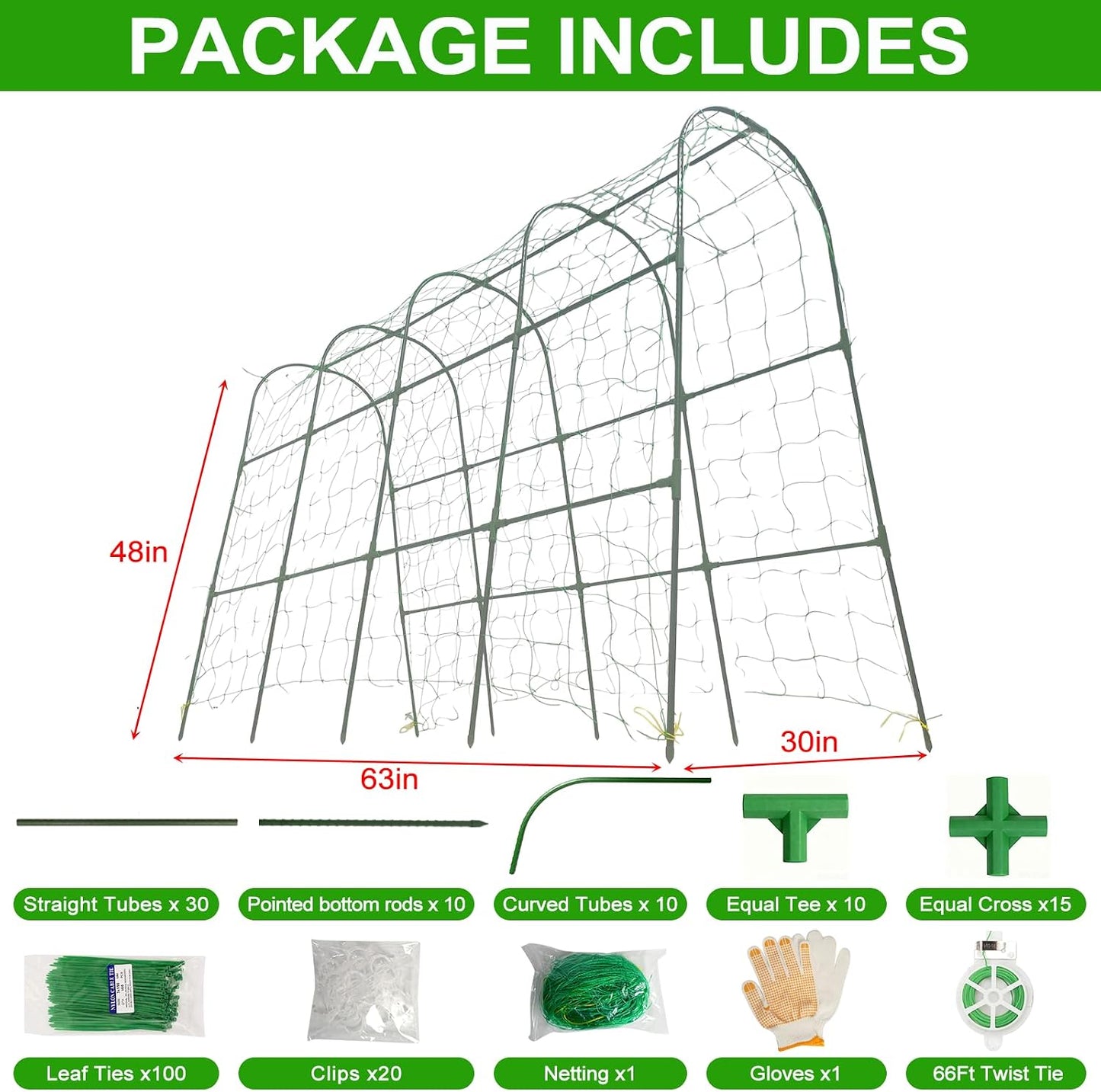Cucumber Trellis for Raised Beds - Sturdy Arch Trellis for Peas, Beans & Climbing Plants | Outdoor Vegetable Support, Garden Trellis Kit (63" Lx30 Wx48 H)