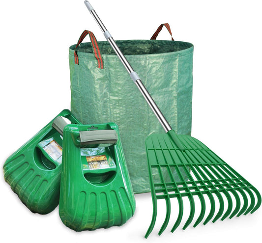 Plastic Large Leaf Scoop & 12 Tines Gardening Leaf Rake Set, Comes with 72 Gallon Garden Bag
