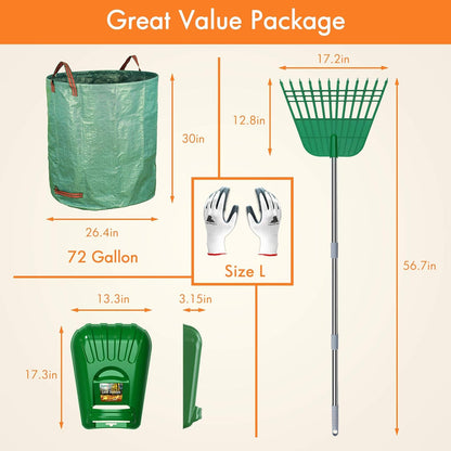 Plastic Large Leaf Scoop & 12 Tines Gardening Leaf Rake Set, Comes with 72 Gallon Garden Bag