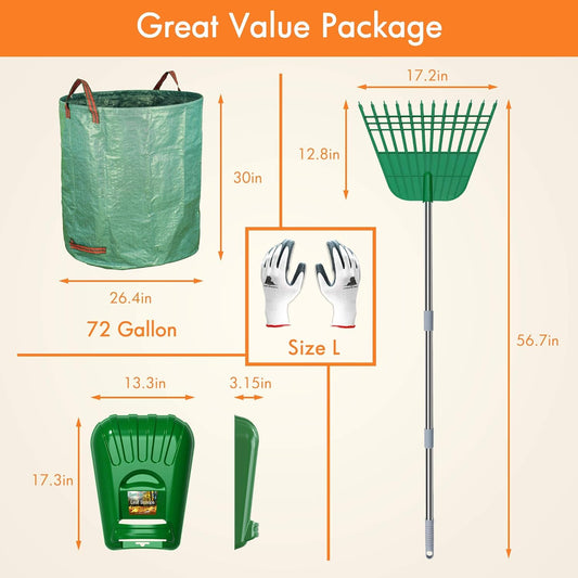 Plastic Large Leaf Scoop & 12 Tines Gardening Leaf Rake Set, Comes with 72 Gallon Garden Bag