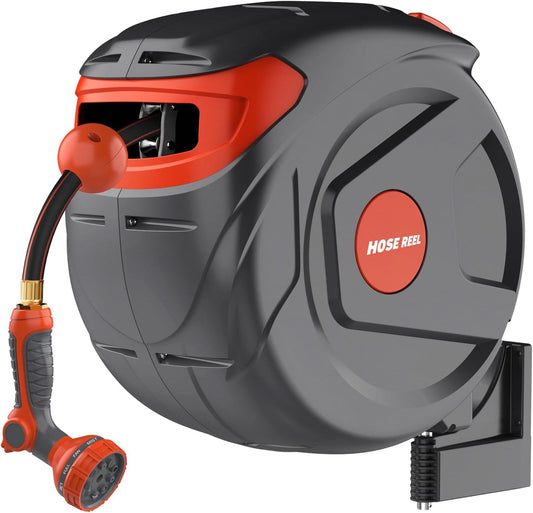 Retractable Garden Hose Reel 1/2 Inch 100 FT Wall-Mounted 180° Swivel Automatic Slow Return Any Length Lock Hose Reels for Outside 9 Pattern Sprayer Nozzle UV Resistant