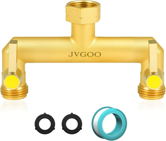 Garden Hose Splitter, Brass 2 Way Hose Splitter, 3/4" Water Hose Splitter 2 Way Heavy Duty with Metal Shutoff Valve and Extension Handle, Outdoor Faucet Splitter Water Spigot Splitter Manifold