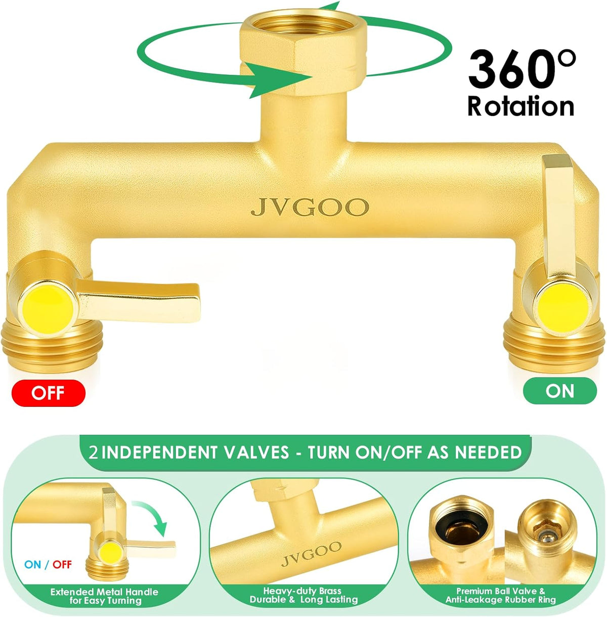 Garden Hose Splitter, Brass 2 Way Hose Splitter, 3/4" Water Hose Splitter 2 Way Heavy Duty with Metal Shutoff Valve and Extension Handle, Outdoor Faucet Splitter Water Spigot Splitter Manifold