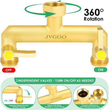 Garden Hose Splitter, Brass 2 Way Hose Splitter, 3/4" Water Hose Splitter 2 Way Heavy Duty with Metal Shutoff Valve and Extension Handle, Outdoor Faucet Splitter Water Spigot Splitter Manifold