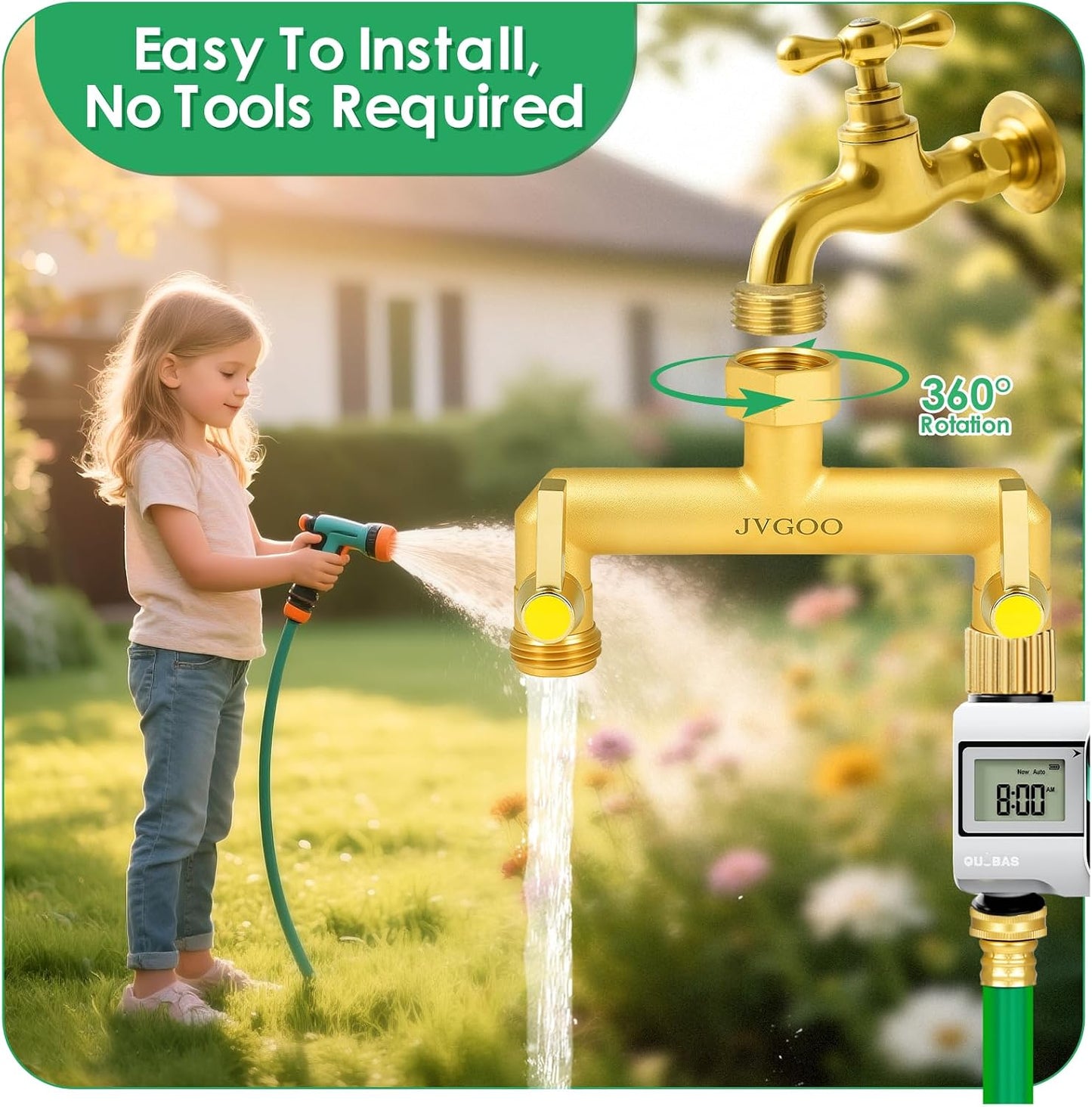Garden Hose Splitter, Brass 2 Way Hose Splitter, 3/4" Water Hose Splitter 2 Way Heavy Duty with Metal Shutoff Valve and Extension Handle, Outdoor Faucet Splitter Water Spigot Splitter Manifold