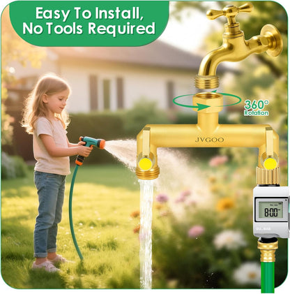 Garden Hose Splitter, Brass 2 Way Hose Splitter, 3/4" Water Hose Splitter 2 Way Heavy Duty with Metal Shutoff Valve and Extension Handle, Outdoor Faucet Splitter Water Spigot Splitter Manifold