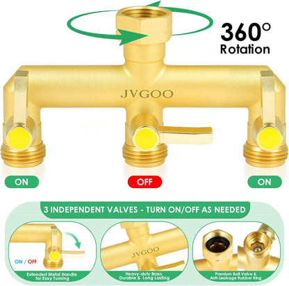 Garden Hose Splitter, Brass 2 Way Hose Splitter, 3/4" Water Hose Splitter 2 Way Heavy Duty with Metal Shutoff Valve and Extension Handle, Outdoor Faucet Splitter Water Spigot Splitter Manifold