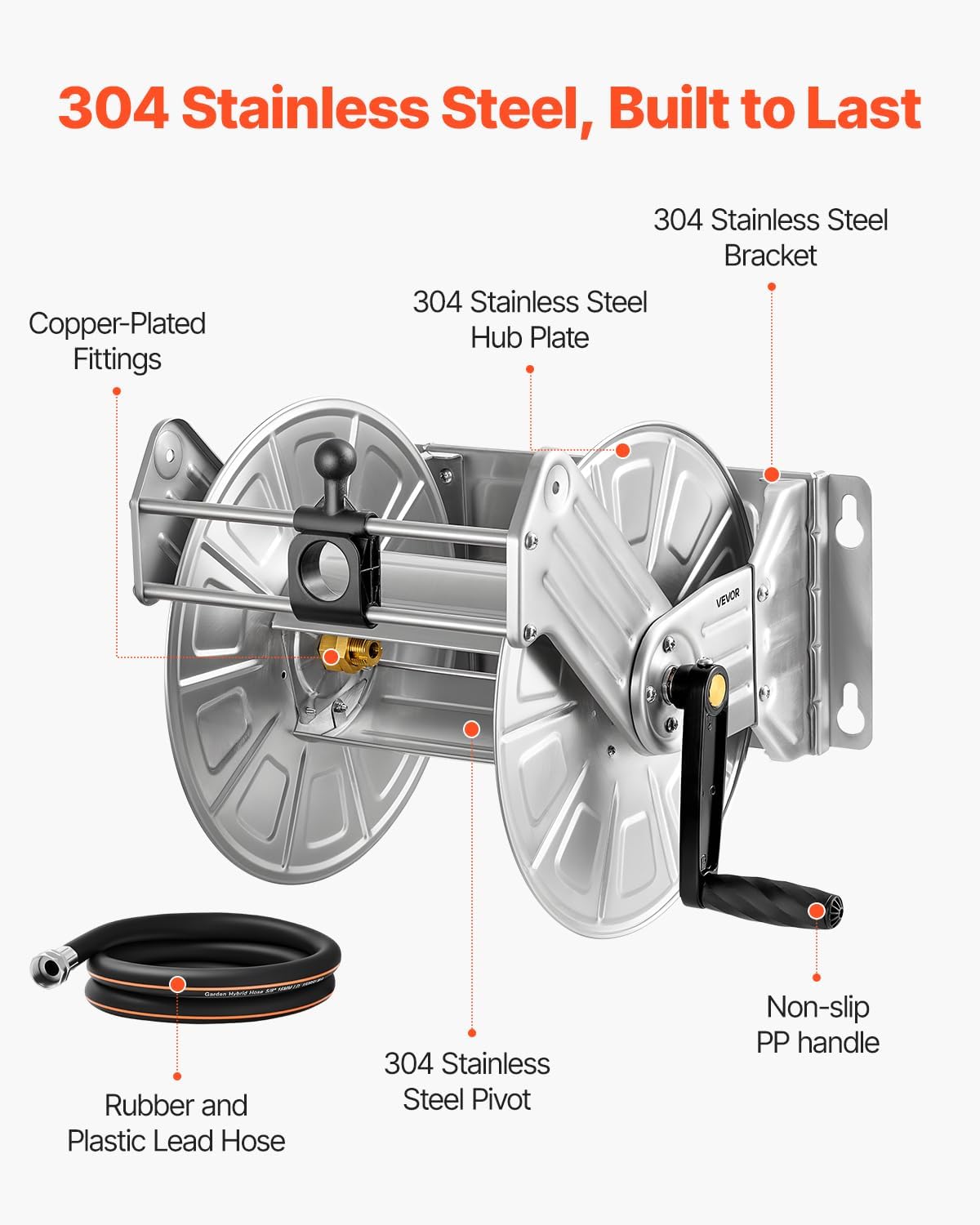 Wall Mounted Garden Hose Reel Holds 150 ft 5/8-inch Water Hose Winder