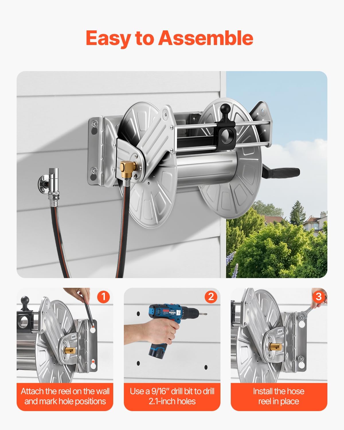 Wall Mounted Garden Hose Reel Holds 150 ft 5/8-inch Water Hose Winder