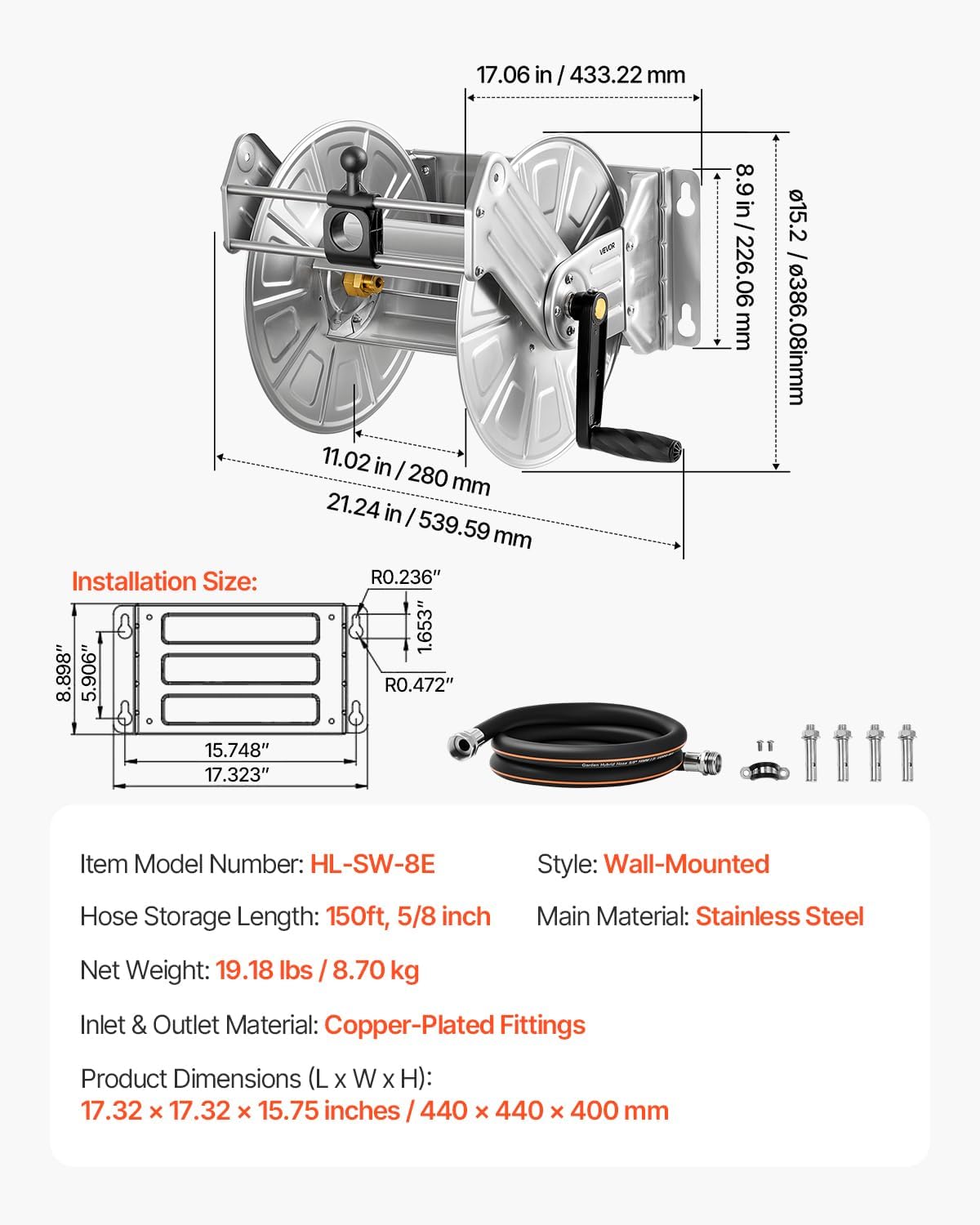 Wall Mounted Garden Hose Reel Holds 150 ft 5/8-inch Water Hose Winder