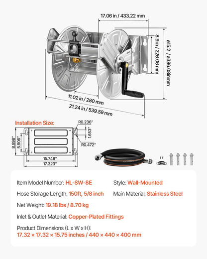 Wall Mounted Garden Hose Reel Holds 150 ft 5/8-inch Water Hose Winder