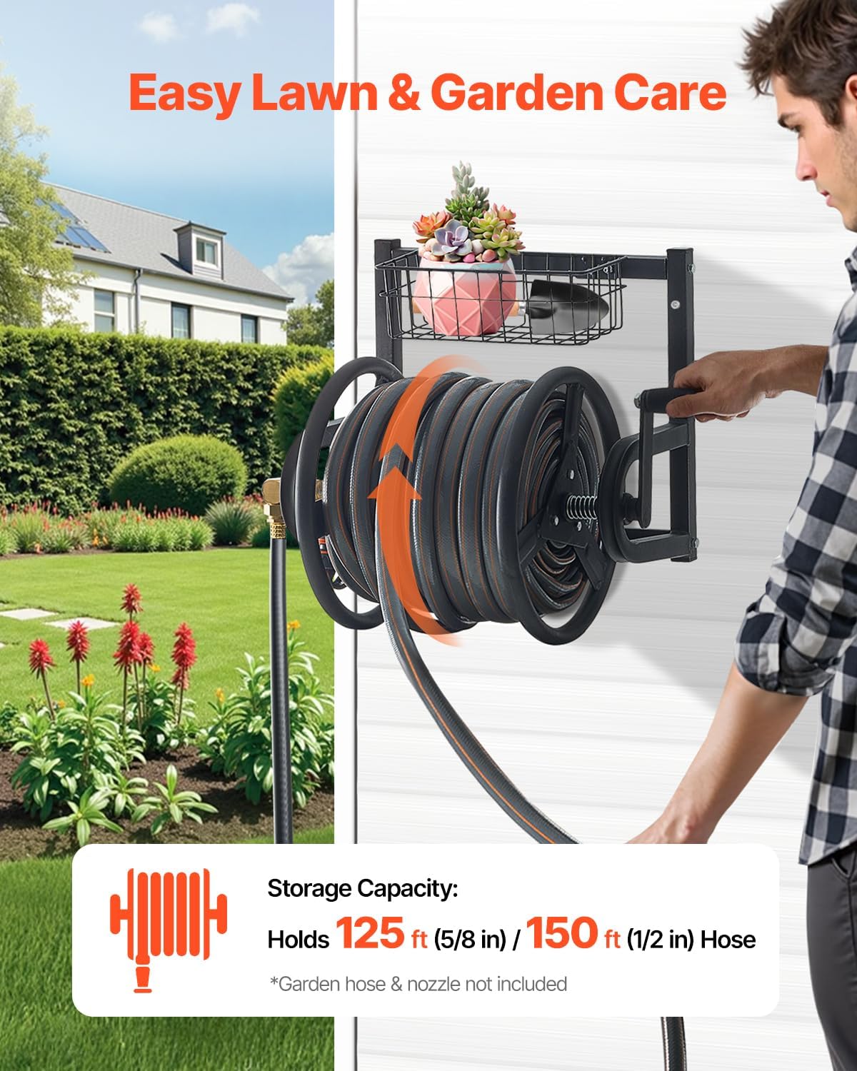 Wall Mounted Garden Hose Reel Holds 150 ft 5/8-inch Water Hose Winder