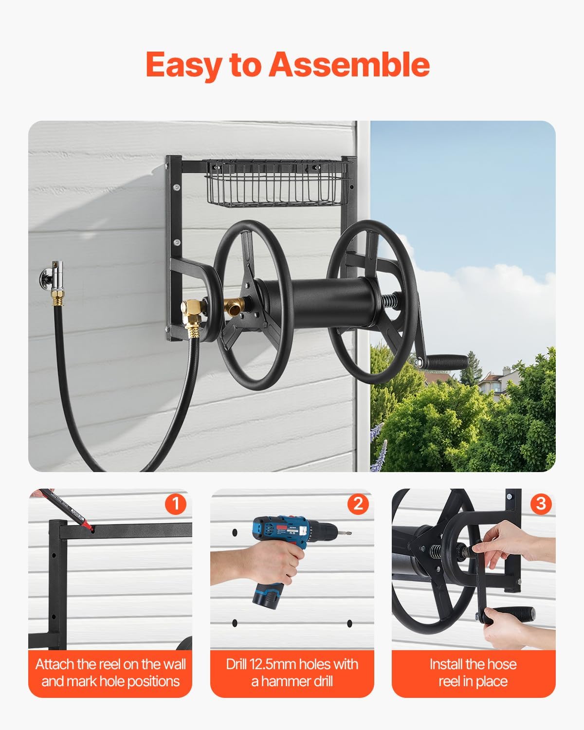 Wall Mounted Garden Hose Reel Holds 150 ft 5/8-inch Water Hose Winder