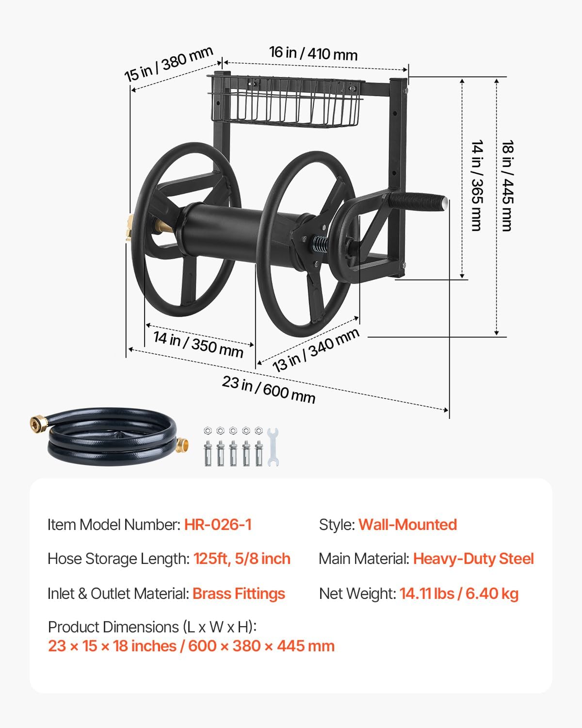 Wall Mounted Garden Hose Reel Holds 150 ft 5/8-inch Water Hose Winder