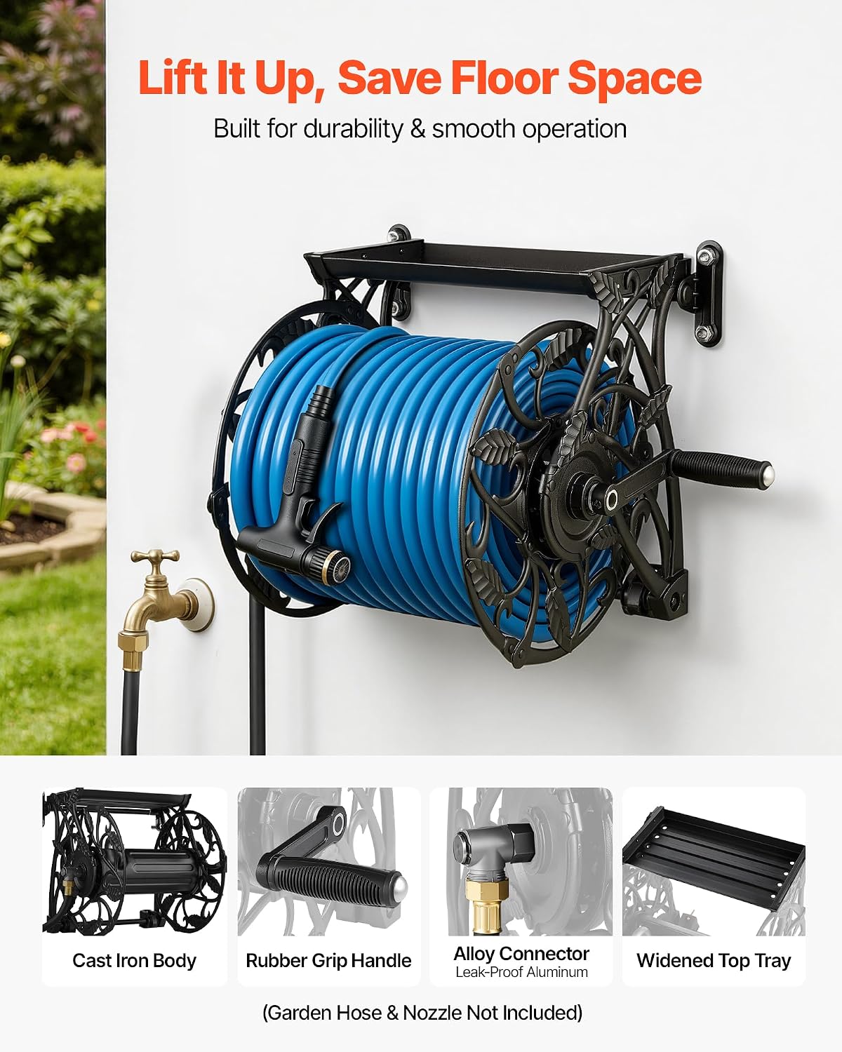 Wall Mounted Garden Hose Reel Holds 150 ft 5/8-inch Water Hose Winder