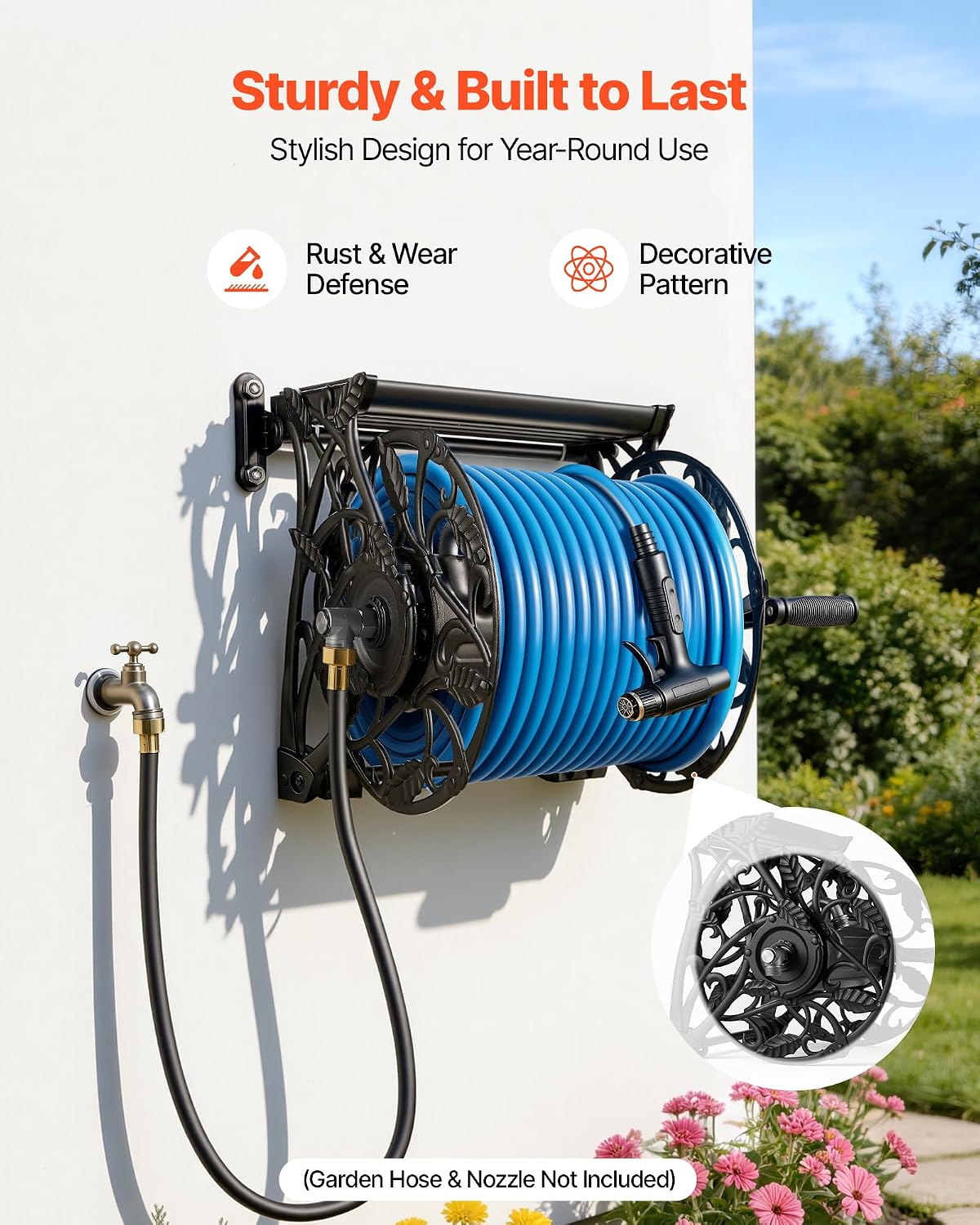 Wall Mounted Garden Hose Reel Holds 150 ft 5/8-inch Water Hose Winder