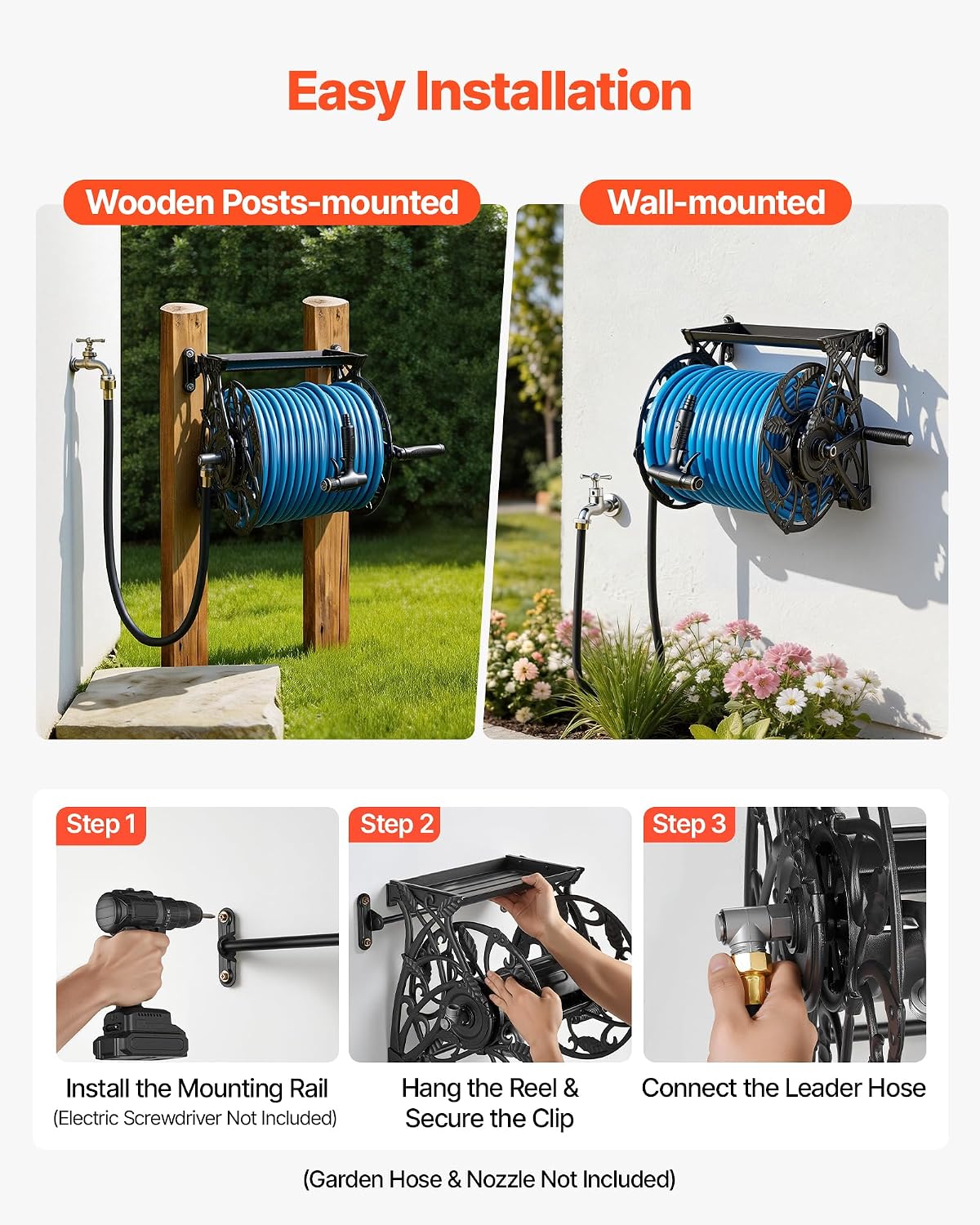 Wall Mounted Garden Hose Reel Holds 150 ft 5/8-inch Water Hose Winder