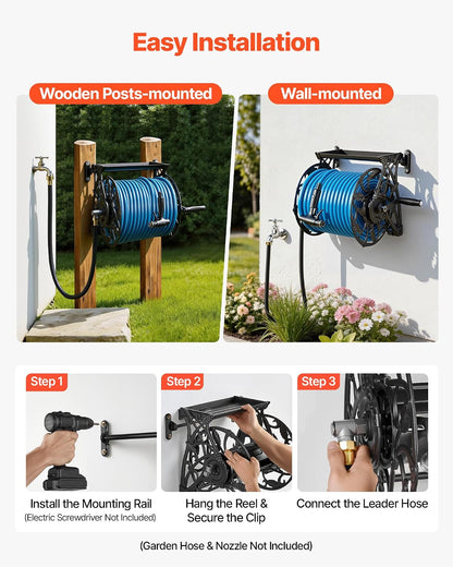 Wall Mounted Garden Hose Reel Holds 150 ft 5/8-inch Water Hose Winder