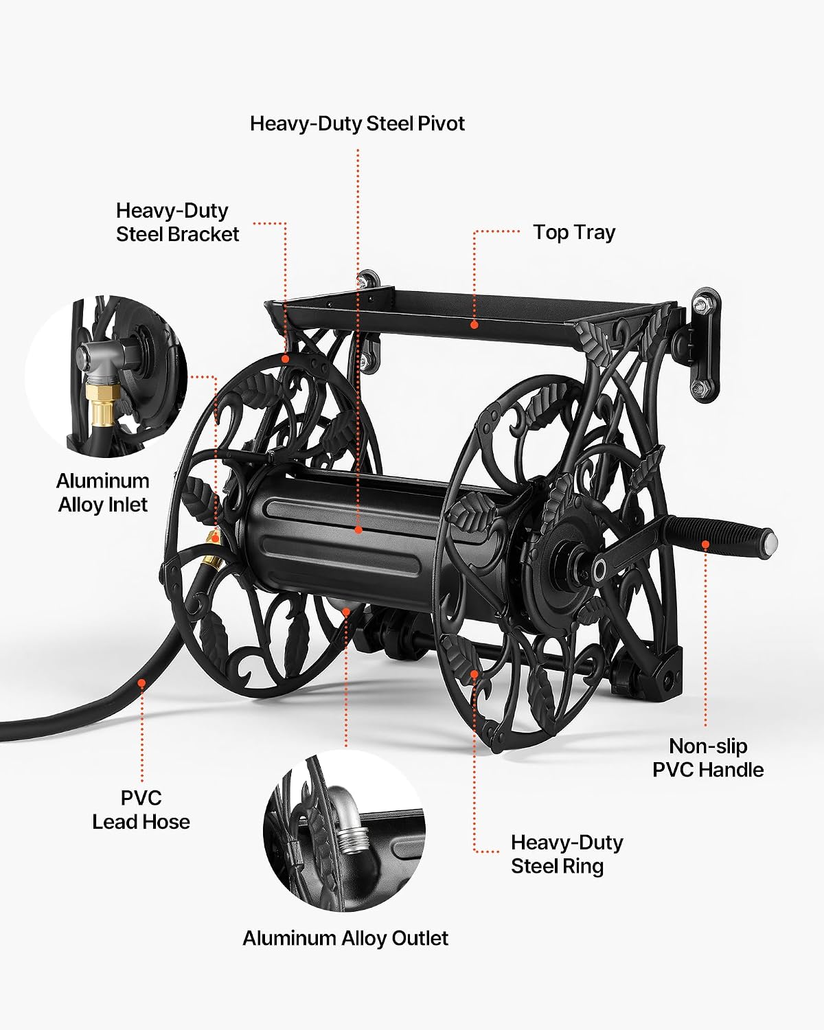 Wall Mounted Garden Hose Reel Holds 150 ft 5/8-inch Water Hose Winder