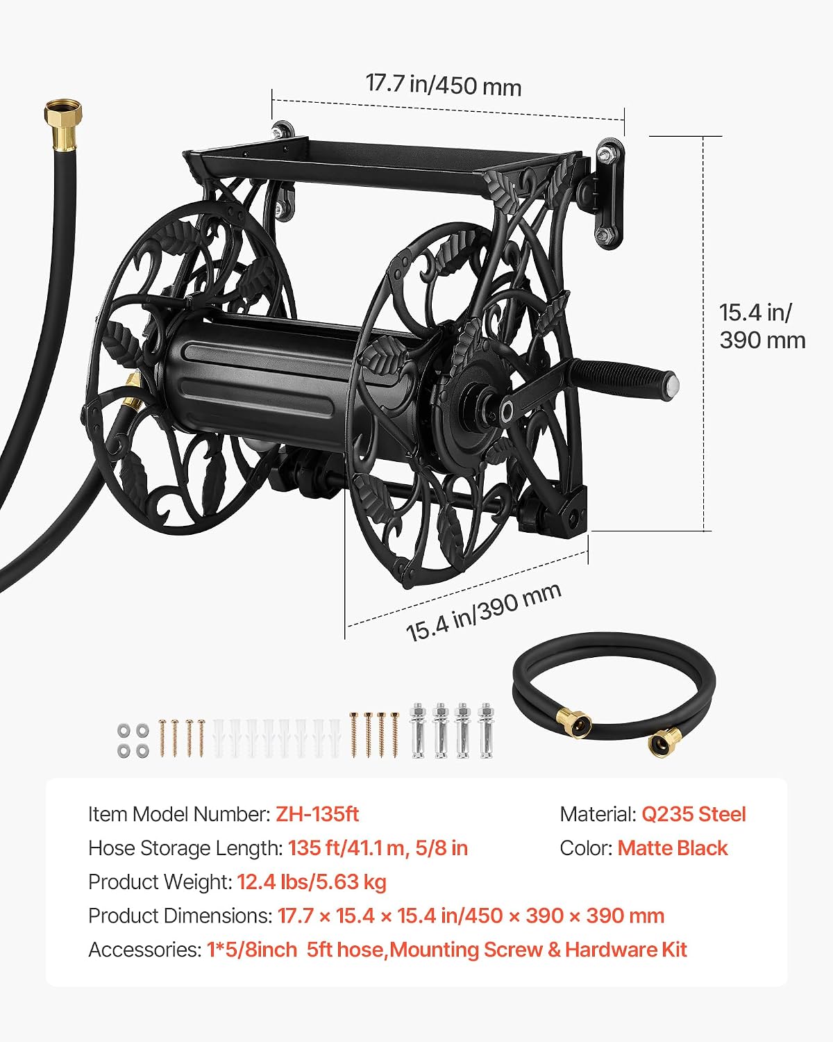 Wall Mounted Garden Hose Reel Holds 150 ft 5/8-inch Water Hose Winder
