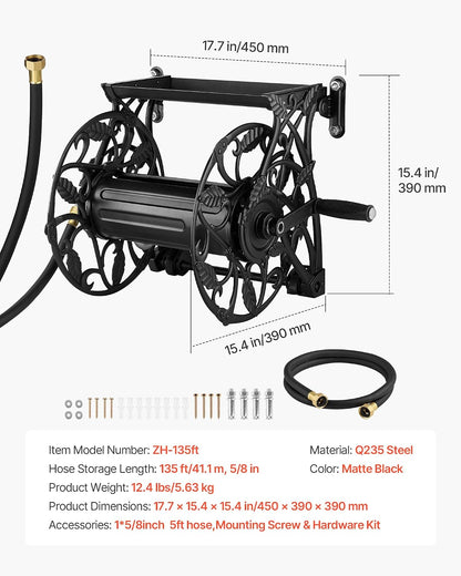 Wall Mounted Garden Hose Reel Holds 150 ft 5/8-inch Water Hose Winder