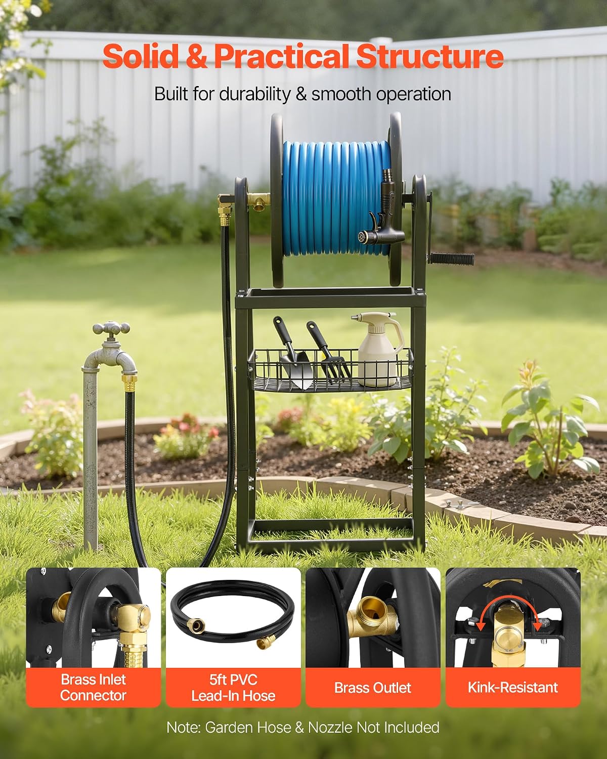 Wall Mounted Garden Hose Reel Holds 150 ft 5/8-inch Water Hose Winder