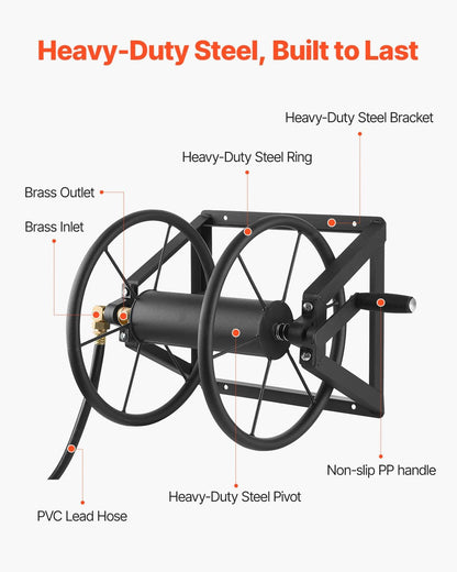Wall Mounted Garden Hose Reel Holds 150 ft 5/8-inch Water Hose Winder
