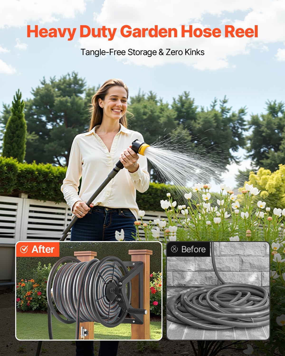 Wall Mounted Garden Hose Reel Holds 150 ft 5/8-inch Water Hose Winder