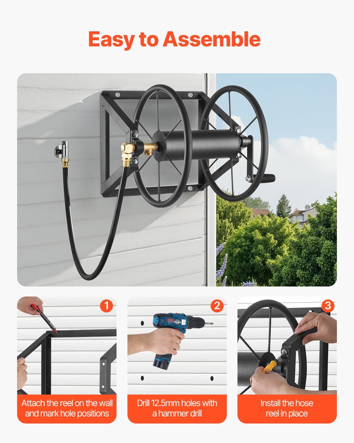 Wall Mounted Garden Hose Reel Holds 150 ft 5/8-inch Water Hose Winder