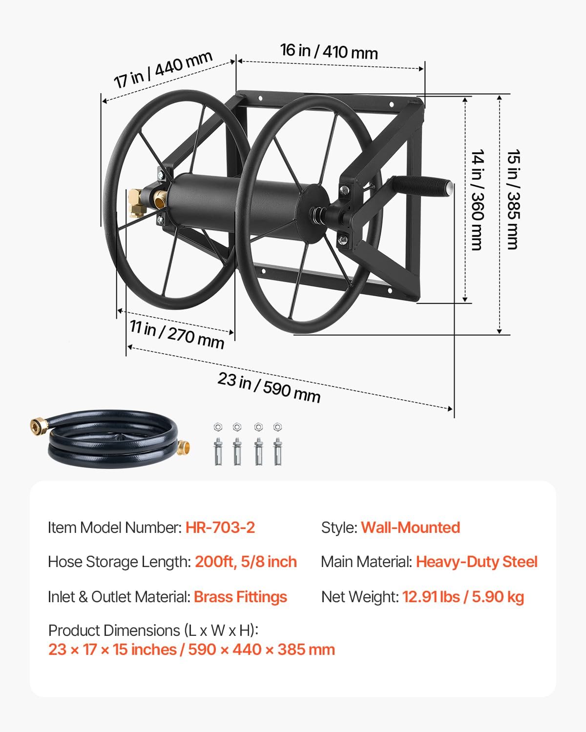 Wall Mounted Garden Hose Reel Holds 150 ft 5/8-inch Water Hose Winder