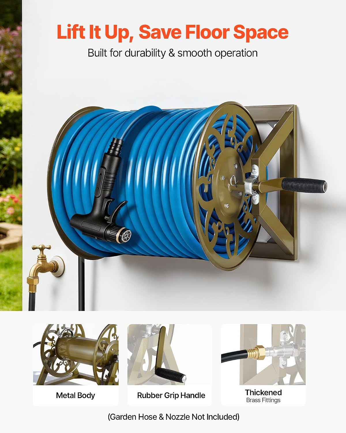 Wall Mounted Garden Hose Reel Holds 150 ft 5/8-inch Water Hose Winder