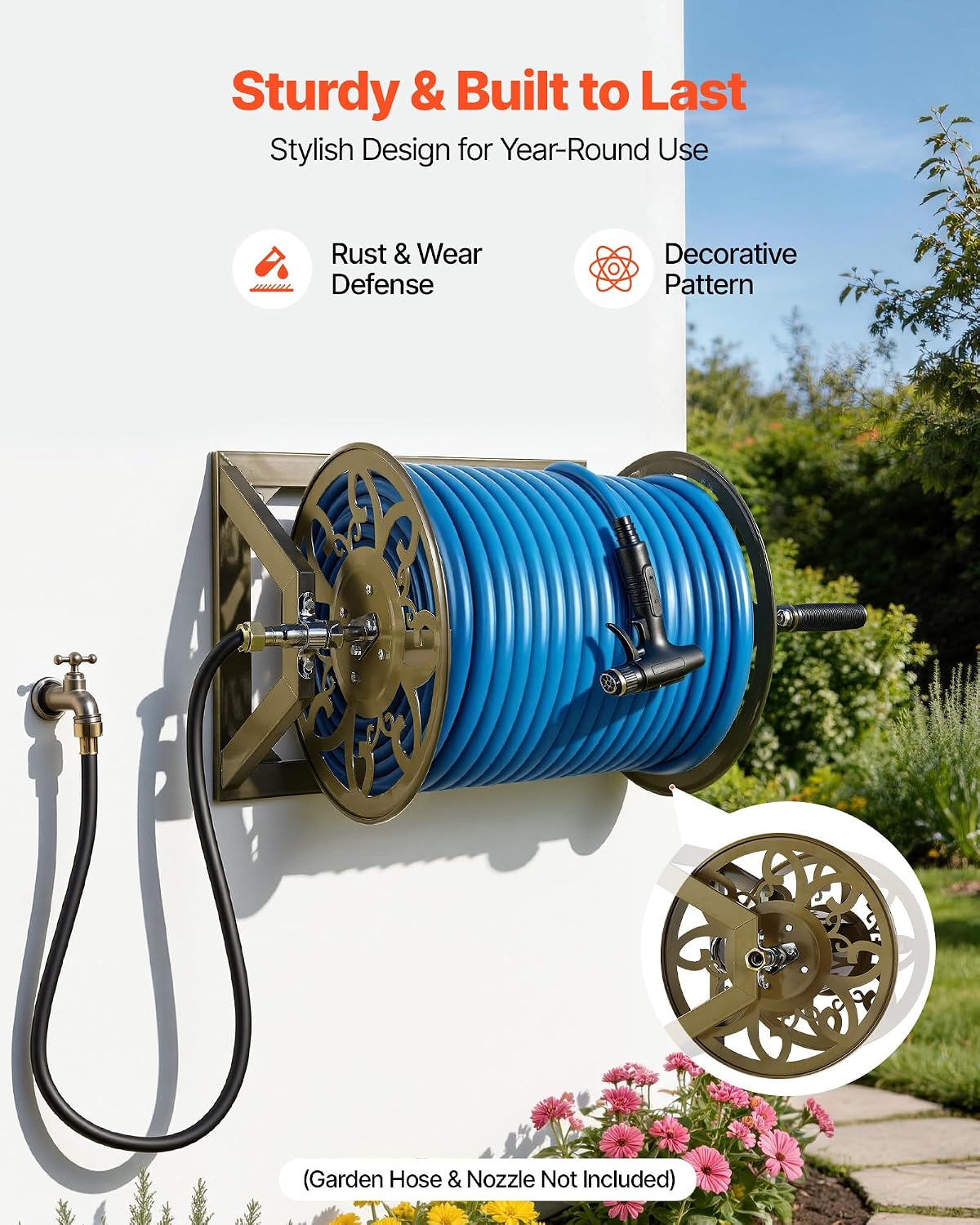 Wall Mounted Garden Hose Reel Holds 150 ft 5/8-inch Water Hose Winder