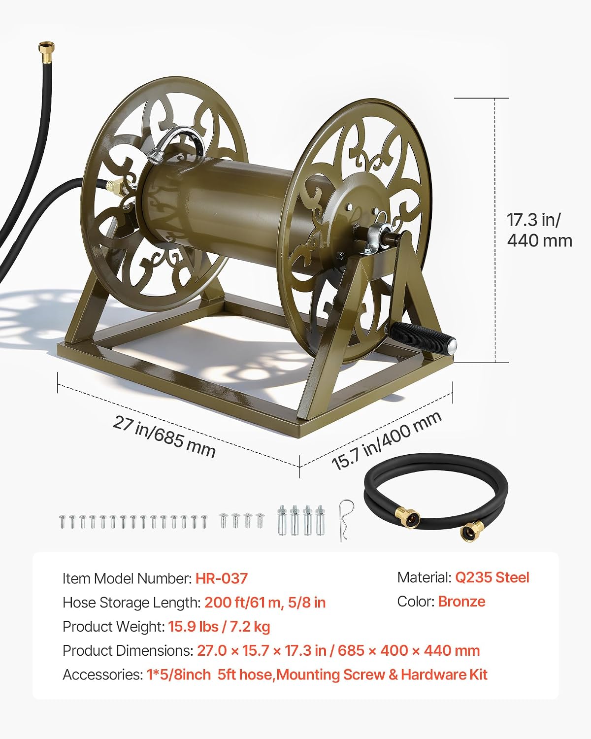 Wall Mounted Garden Hose Reel Holds 150 ft 5/8-inch Water Hose Winder