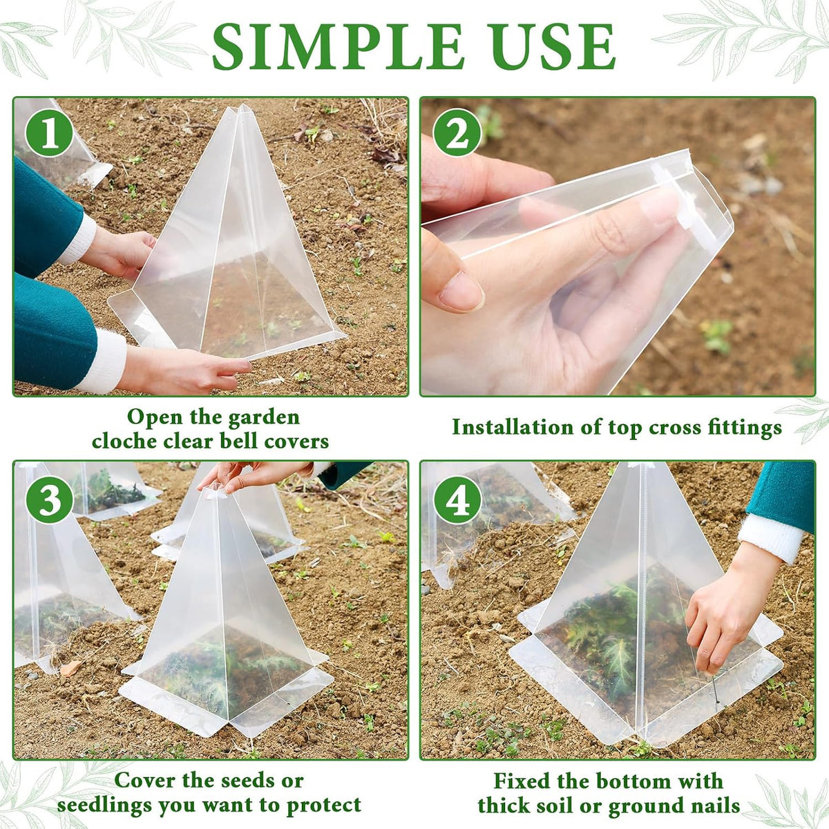 Reusable Plastic Garden Cloches, 7.8" x 11" Mini Greenhouse, 1.2mm Thick Clear Bell Covers with Metal Stakes Against Sun, Frost, Snails, Plant Protector (40pcs-Clear)
