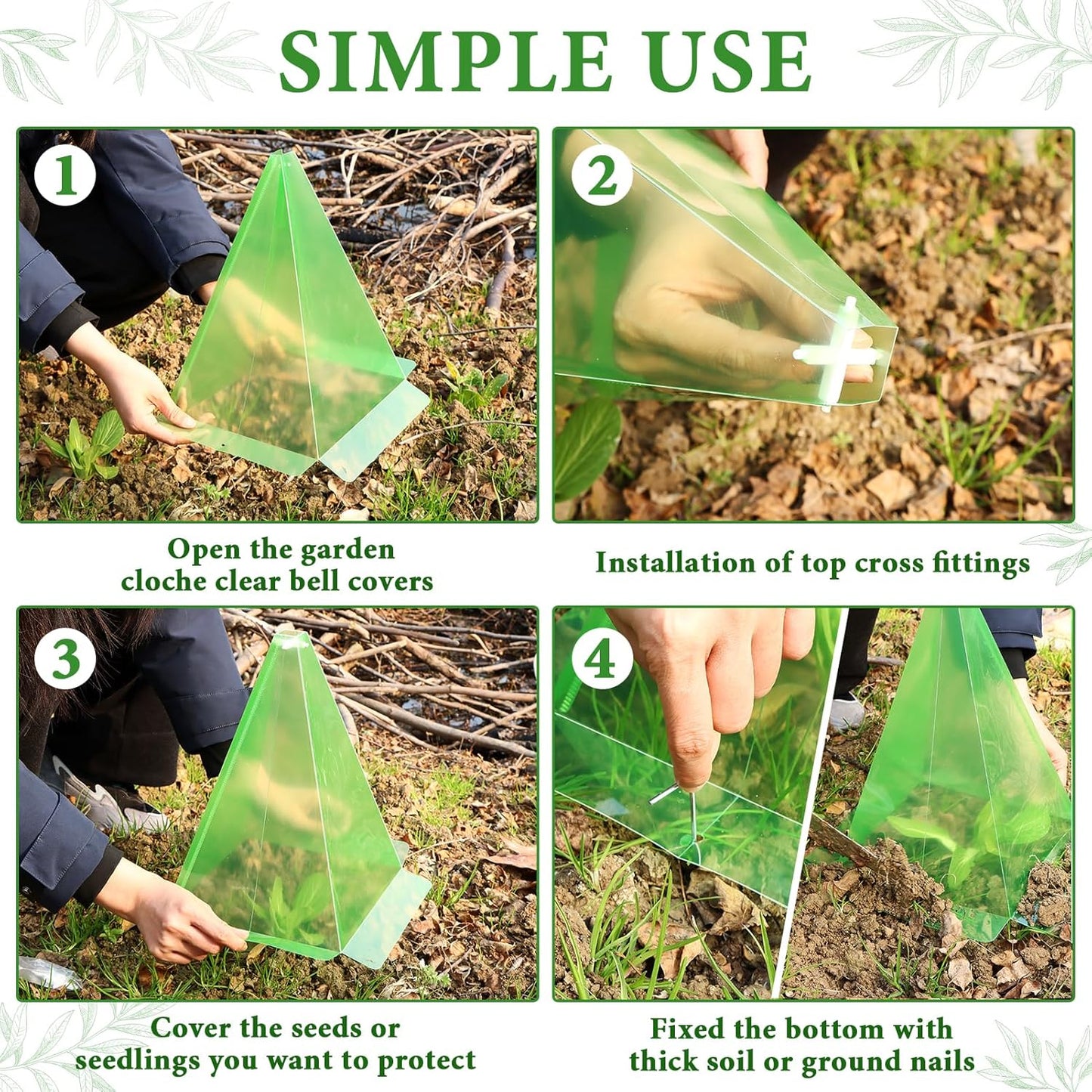 Reusable Plastic Garden Cloches, 7.8" x 11" Mini Greenhouse, 1.2mm Thick Clear Bell Covers with Metal Stakes Against Sun, Frost, Snails, Plant Protector (40pcs-Clear)