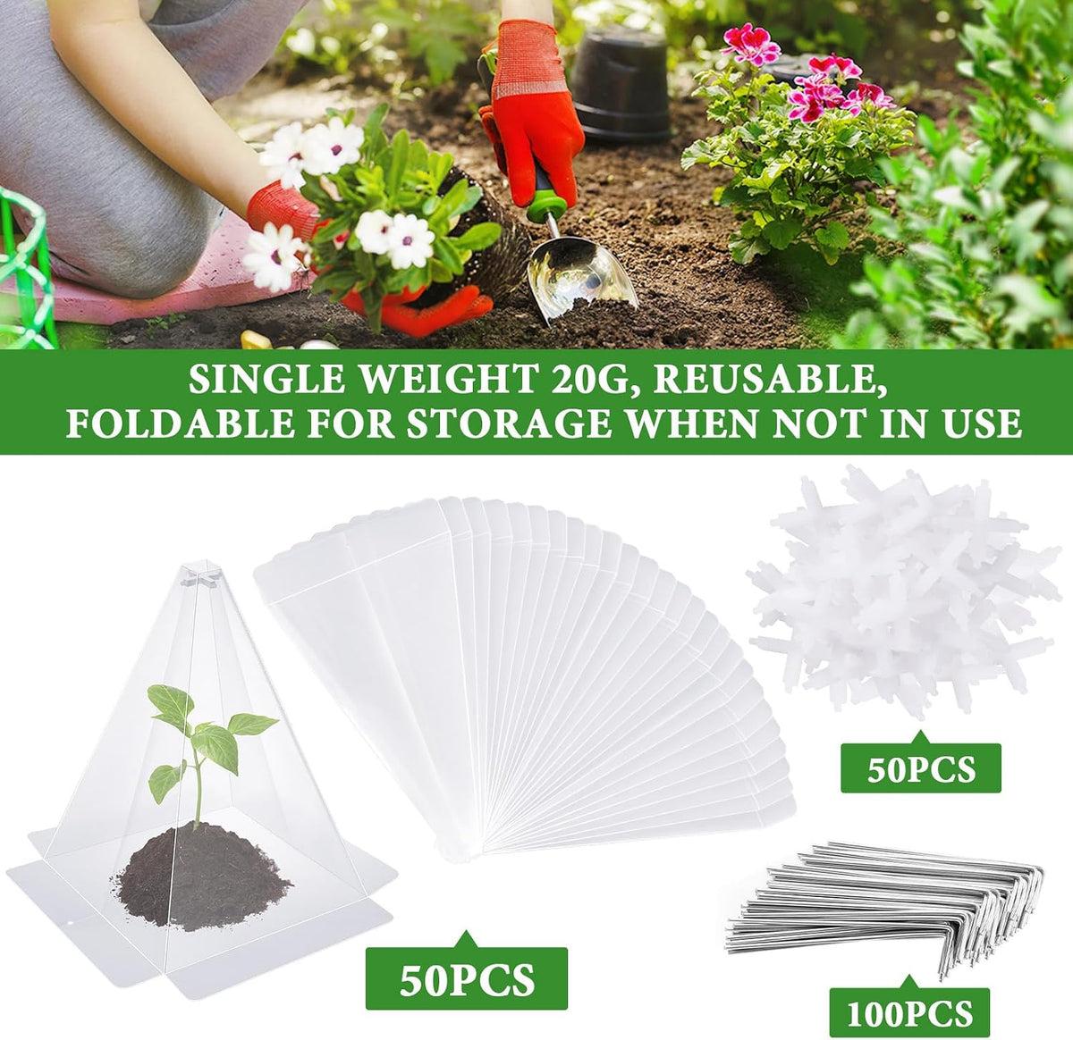 Reusable Plastic Garden Cloches, 7.8" x 11" Mini Greenhouse, 1.2mm Thick Clear Bell Covers with Metal Stakes Against Sun, Frost, Snails, Plant Protector (40pcs-Clear)