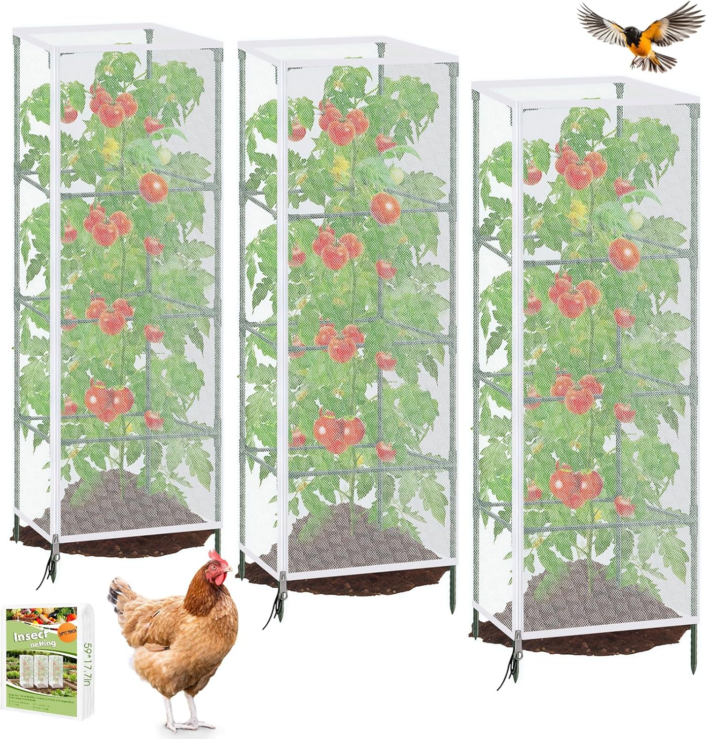 3 Pack Tomato Netting for Garden Protection, 59x18x18 inches Ultra-Fine Mesh Plant Netting Cover for Square Tomato Cage, Bird,Pest & Small Animal Barrier with Zipper & Drawstring