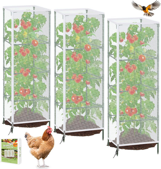 3 Pack Tomato Netting for Garden Protection, 59x18x18 inches Ultra-Fine Mesh Plant Netting Cover for Square Tomato Cage, Bird,Pest & Small Animal Barrier with Zipper & Drawstring