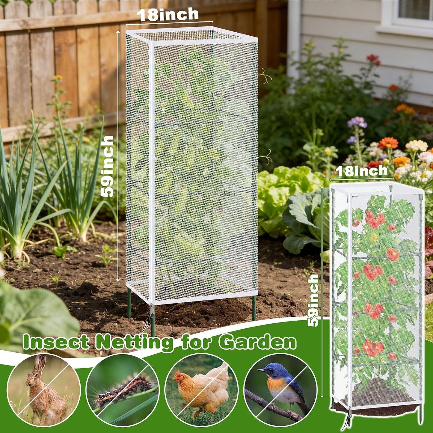 3 Pack Tomato Netting for Garden Protection, 59x18x18 inches Ultra-Fine Mesh Plant Netting Cover for Square Tomato Cage, Bird,Pest & Small Animal Barrier with Zipper & Drawstring