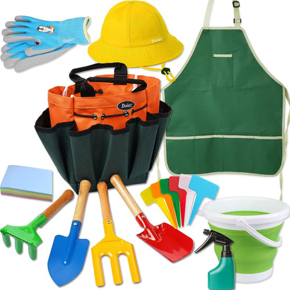 Kidz Gardening Set -Real Metal Gardening Tools Kit for Childrenz Includes Sturdy Shovel,Rake,Fork,Trowel,Kidz Garden Kit with Sun Hat,Apron,Gloves,Tote Bag,Sprayer and Bucket,Outdoor Gardening Gifts