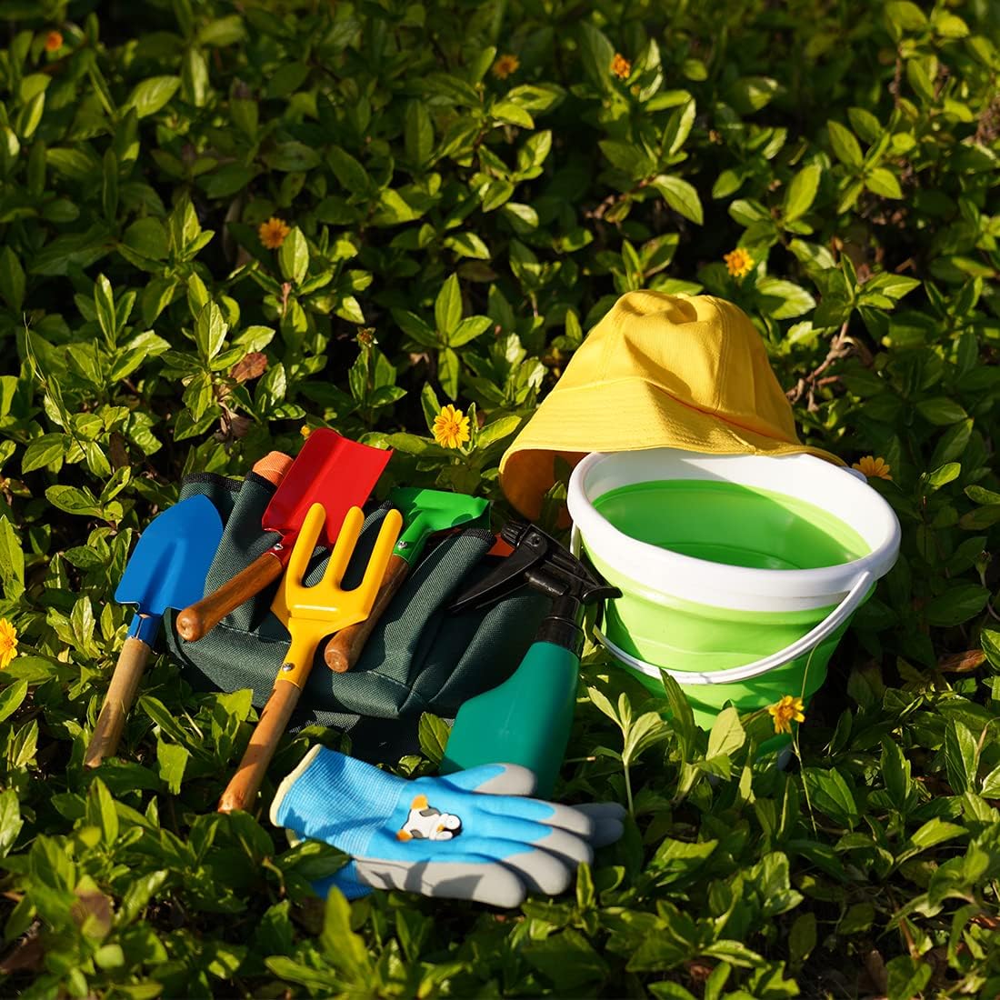 Kidz Gardening Set -Real Metal Gardening Tools Kit for Childrenz Includes Sturdy Shovel,Rake,Fork,Trowel,Kidz Garden Kit with Sun Hat,Apron,Gloves,Tote Bag,Sprayer and Bucket,Outdoor Gardening Gifts