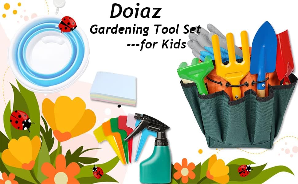 Kidz Gardening Set -Real Metal Gardening Tools Kit for Childrenz Includes Sturdy Shovel,Rake,Fork,Trowel,Kidz Garden Kit with Sun Hat,Apron,Gloves,Tote Bag,Sprayer and Bucket,Outdoor Gardening Gifts