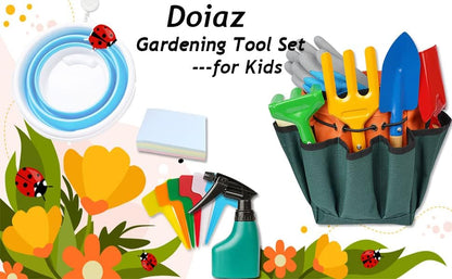 Kidz Gardening Set -Real Metal Gardening Tools Kit for Childrenz Includes Sturdy Shovel,Rake,Fork,Trowel,Kidz Garden Kit with Sun Hat,Apron,Gloves,Tote Bag,Sprayer and Bucket,Outdoor Gardening Gifts